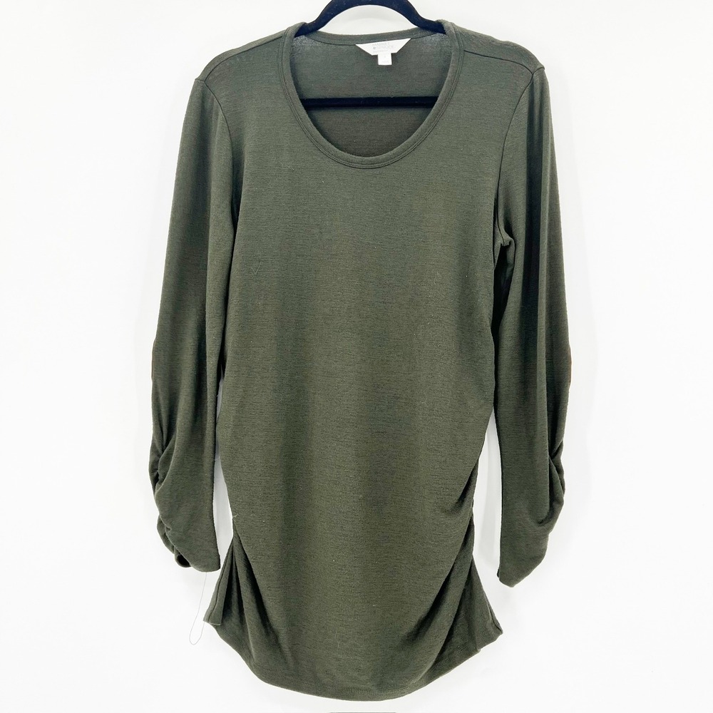 Market & Spruce Top Maternity Womens Small‎ Olive Green Elbow Patch Ruched Side
